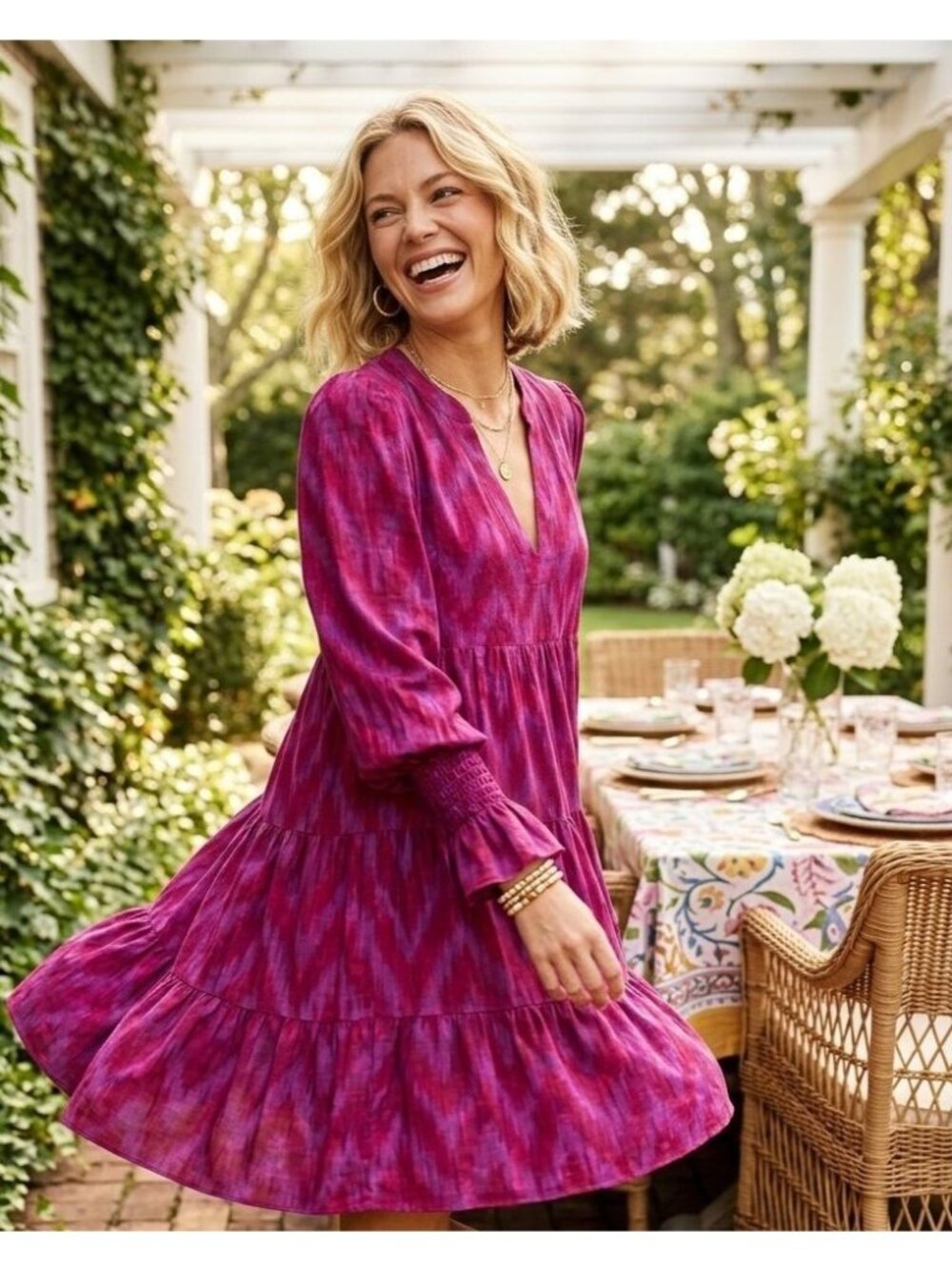 Pomander Place Fuchsia & Magenta Long Sleeve Tiered Dress